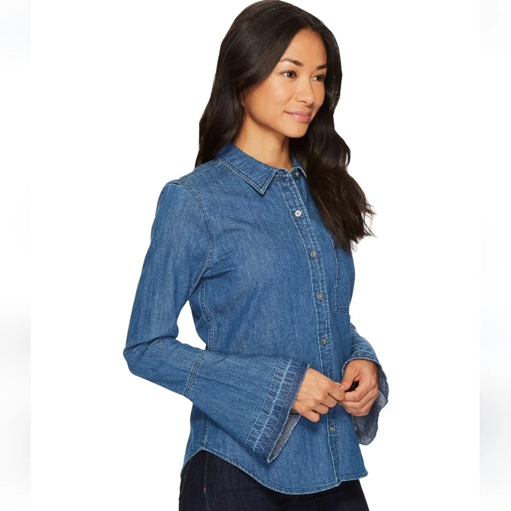 7 For All Man Kind Women's Flared Sleeve Button-Down Denim Shirt NWT Size S - Picture 1 of 12